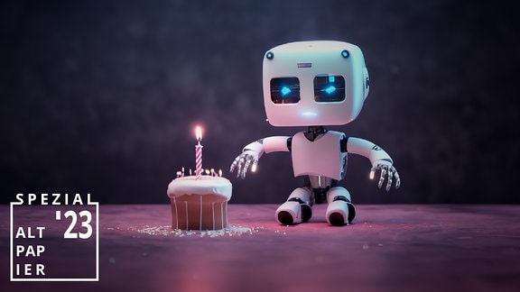 Stilisierte Grafik: Ein Roboter sitzt vor einem Geburtstagskuchen.