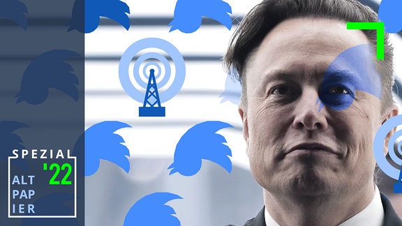 Grafik: Foto von Twitter-Chef Elon Musk. Darauf stilisiert: Das Twitter-Logo verkehrt herum, mehrfach auf dem Bild verteilt; sowie ebenfalls stilisiert dargestellt: zwei Sender, die Fukwellen ausstrahlen. 