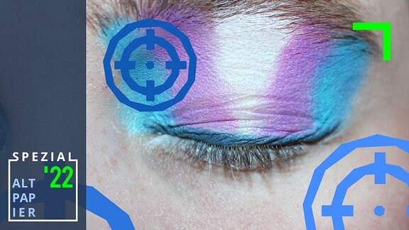 Stilisierte Grafik: Geschlossenes Auge mit Lidschatten in den Farben blau, lila und weiß.