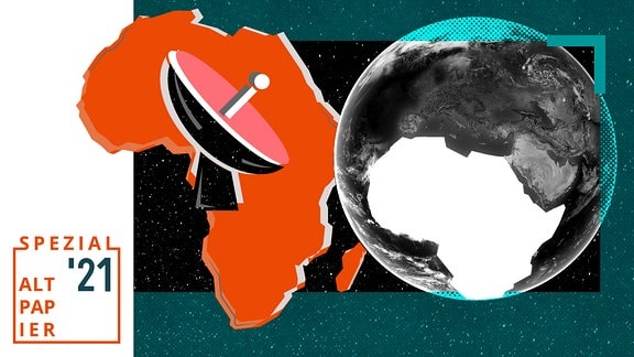 Ein stilisierter Globus, Afrika ist weiß hervorgehoben. Daneben hängt der afrikanische Kontinent nocheinmal rot hervorgehoben im Weltall mit einer Satellitenantenne darin.