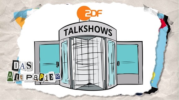 Teasergrafik Altpapier vom 18. Dezember 2019: Eine Drehtür über der "Talkshows" geschrieben steht. Darüber ein Schild mit dem Logo des ZDF.