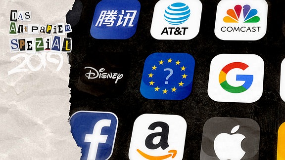Teasergrafik Altpapier vom 30. Dezember 2019: App-Icons verschiedener Medien-Konzerne, dazwischen ein blaues Icon mit den EU-Sternen und einem Fragezeichen in der Mitte