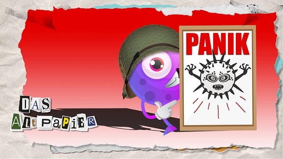 Teasergrafik Altpapier vom 28. Februar 2020: Lächelndes Monster mit Stahlhelm steht neben einem Bild von einem Virus. Auf dem Bild steht in roten Lettern "Panik!" geschrieben.