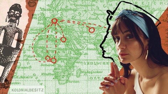 Über eine blassgrüne Weltkarte aus der Kolonialzeit sind am linken und rechten Bildrand angeschrägte rote Flächen gelegt. Darauf sind auf der linken Seite die Ngonnso-Figur aus Kamerun und auf der rechten ein Portraitfoto der Erzählerin im Halbprofil zu sehen.  
