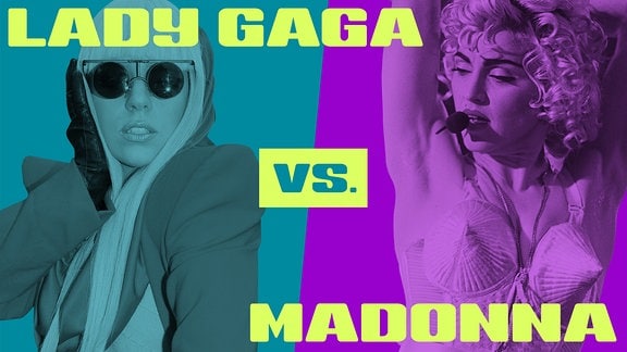 Auf einem zweigeteilten Bild sieht man links Lady Gaga und rechts Madonna, beide in Bühnen-Outfits.