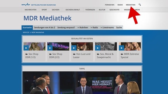 MDR-Webseite, Pfeil auf Mediathek