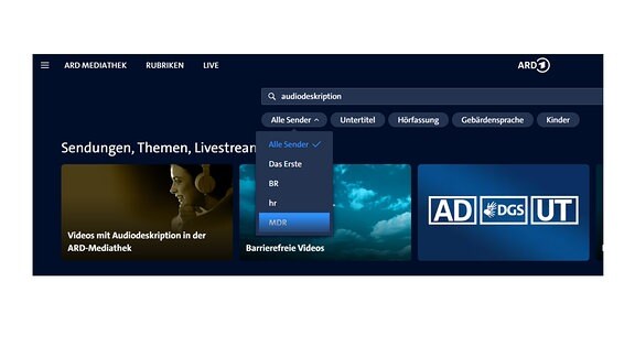 Das Bild zeigt einen Screenshot der ARD-Mediathek. Im Suchfeld steht "audiodeslkription". Darunter finden sich die Felder Alle Sender, Untertitel, Hörfassung, Gebärdensprache und Kinder. Alle Sender wurde angeklickt, sodass sie ein Auswahlfenster geöffnet hat. Hier kann der MDR ausgewählt werden, sodass nur Sendungen des Mitteldeutschen Rundfunks angezeigt werden.