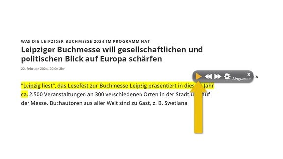 Das Bild zeigt einen Screenshot eines Artikels auf mdr.de. Hier wurde bereits auf "Artikel vorlesen" gekllickt. Es hat sich ein Fenster mit Steuerelementen geöffnet. Dazu gehören Play, zurück, vor und Einstellungen. In der rechten oberen Ecke des Fensters ist ein Schließen-Symbol. Der Text, der gerade vorgelesen wird, ist gelb markiert.