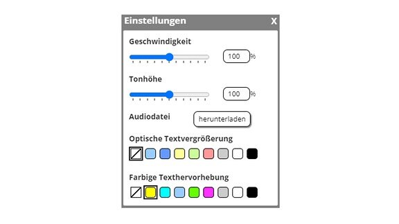 Das Bild zeigt einen Screenshot der Einstellungen in der integrierten Aprachausgabe auf mdr.de. Rechts neben dem Titel "Einstellungen" ist ein x zum Schließen des Fensters. Darunter lassen sich über einen Schieberegler je die Geschwindigkeit und Tonhöhe einstellen. Darunter gibt es die Möglichkeit die Audiodatei herunterzuladen. Darauf folgen die Möglichkeit einer optischen Textvergrößerung und die Einstellung der Farbe für die Texthervorhebung.