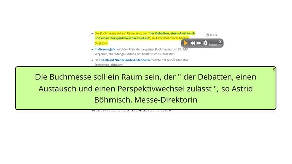 Das Bild zeigt wie oben einen Screenshot eines Artikels auf mdr.de.  Dieser und das Fenster mit Play und Einstellungen der Sprachausgabe sind im Hintergrund. Davor ist der aktuell markierte Text in einem extra Fenster vergrößert.