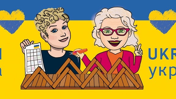 Zwei gezeichnete Frauen hinter einer kleinen Brücke vor gelb-blauem Hintergrund. 
