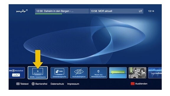 Die Startleiste des HbbTV wird angezeigt. Das Auswahlmenü Livestreams/MDR+ ist hervorgehoben.