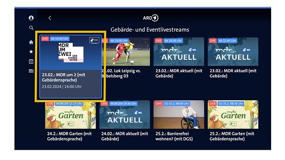 Ein Auswahlmenü der Gebärden- und Eventlivestreams. Die Sendung "MDR um 2" ist ist hervorgehoben.