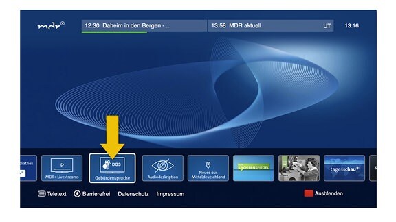 Die Startleiste des HbbTV wird angezeigt. Das Auswahlmenü Gebärdensprache ist hervorgehoben.