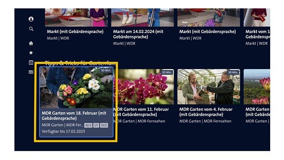 Ein Auswahlmenü der Gebärden- und Eventlivestreams. Die Sendung MDR Garten ist hervorgehoben.