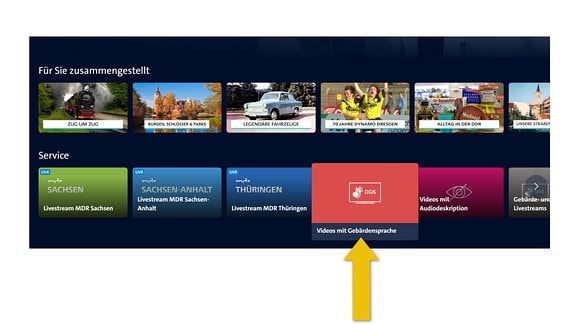 Ein Screenshot des Service-Bereichs der MDR-Mediathek. Das Feld Videos mit Gebärdensprache ist hervorgehoben.