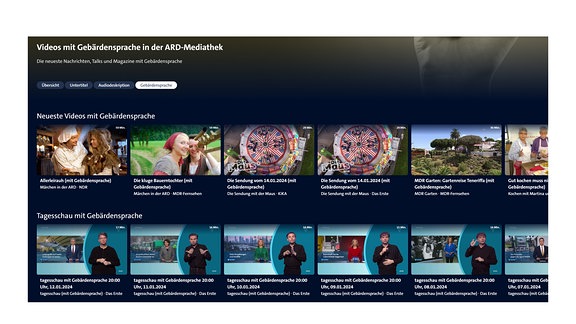 Ein Screenshot der Mediathek. Videos mit Gebärdensprache werden dort angezeigt.