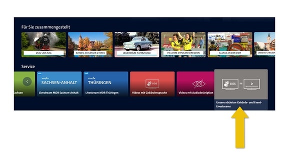 Ein Screenshot des Service-Bereichs der MDR-Mediathek. Das Feld unsere nächsten Gebärden- und Event-Livestreams ist hervorgehoben.