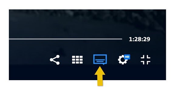 Das Bild zeigt den Bereich rechts unten in einem laufenden Video. Zu sehen sind der Rest der Zeitleiste, die Gesamtlänge des Videos und darunter 5 Symbole. Von rechts nach links: Teilen, Empfehlungen, Sprache und Barrierefreiheit, Einstellungen und Vollbild/Minimieren. Das Symbol für Sprache und Barrierefreiheit ist angewählt deshallb blau hervorgehoben.