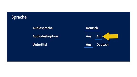 Das Bild zeigt die Optionen zu Sprache und Barrierefreiheit nach dem Öffnen. Zur Auswahl stehen nun die Audiosprache, sowie die Auswahl vonAudiodeskription und  Untertitel. Die Audiodeskription ist angeschaltet. Visuell wird das durch eine hellblaue Unterstreichung deutlich.