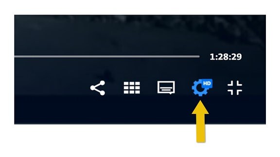Das Bild zeigt den Bereich rechts unten in einem laufenden Video. Zu sehen sind der Rest der Zeitleiste, die Gesamtlänge des Videos und darunter 5 Symbole. Von rechts nach links: Teilen, Empfehlungen, Sprache und Barrierefreiheit, Einstellungen und Vollbild/Minimieren. Das Symbol für Einstellungen ist angewählt deshallb blau hervorgehoben.