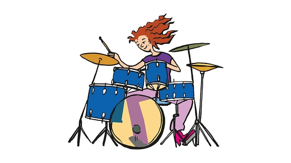 Eine Zeichnung: Eine Frau spielt Schlagzeug.