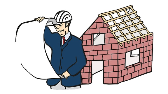 Zeichnung: Ein Mann steht mit einem Plan vor einer Hausbaustelle