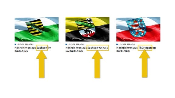 Das Bild zeigt einen Screenshot der Rückblick-Seite der MDR-Nachrichten in Leichter Sprache. Es gibt je einen Link für Nachrichten aus Sachsen, Sachsen-Anhalt und Thüringen. 