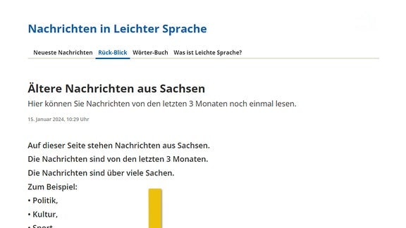 Das Bild zeigt einen Screenshot der Rückblick-Seite der MDR-Nachrichten in Leichter Sprache. Er zeigt die älteren Nachrichten aus Sachsen vom Januar 2024.