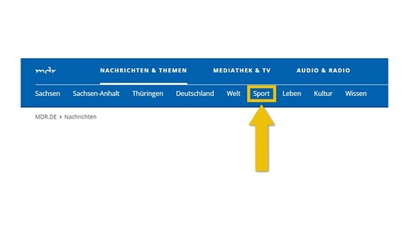 Das Bild zeigt auch die Navigation auf mdr.de. Hervorgehoben ist Sport.