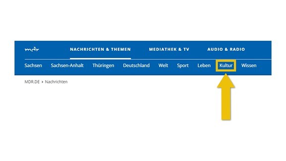 Das Bild zeigt auch die Navigation auf mdr.de. Hervorgehoben ist Kultur.