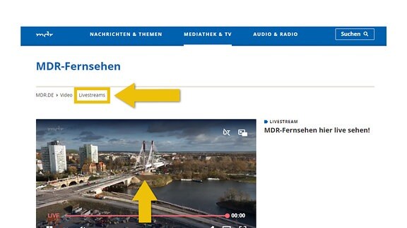 Das Bild zeigt einen Screenshot von mdr.de. Zu sehen ist das Live-Programm des MDR-Fernsehens. Das Video läuft in einem Player.