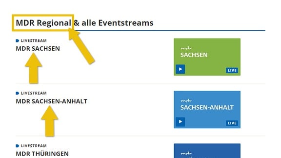 Das Bild zeigt einen Screenshot von mdr.de. Zu sehen sind 3 Schaltflächen, die zu den regionalen Livestreams des MDR führen. Von oben nach unten: MDR Sachsen, MDR Sachsen-Anhalt, MDR Thüringen. 