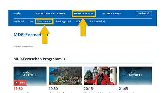 Das Bild zeigt einen Screenshot von mdr.de. In der Navigationsleiste ist "Mediathek & TV" ausgewählt und darunter "TV-Programm". Angezeigt werden die Vorschaubilder für die nächsten Sendungen im MDR-Programm. Von links nach rechts: "MDR aktuell", "Thomas Junkers unterwegs - tief im Süden", "Musikgeschichten mit Eberhard Hertel" und "MDR aktuell". Auf dem Vorschaufenster von "MDR aktuell" befindet sich in der unteren linken Ecke eine rote Play/Pause-Schaltfläche mit der Aufschrift "Live".