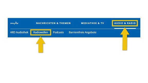 Das Bild zeigt einen Screenshot der Navigation von mdr.de. Die Taste "Audio & Radio" ist ausgewählt. Darunter sind folgende Kategorien auswählbar: "ARD Audiothek", "Radiowellen", "Podcasts" und "Barrierefreie Angebote". Die Taste "Radiowellen" ist ausgewählt. 