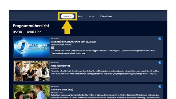 Auf dem Bild ist eine Screenshot der MDR-Mediathek. Am oberen Bildschirmrand befinden sich 4 Schaltflächen. Von links nach rechts: "Heute", "Jetzt", "20:15" und "Nur Videos". Die Schaltfläche "Heute" ist ausgewählt. Darunter die Überschrift "Programmübersicht" und darunter kleiner "05:30 - 14 Uhr". Darunter werden MDR-Sendungen aus dieser Zeitspanne angezeigt, man kann sie damit auswählen.