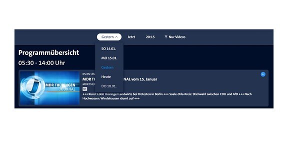 Auf dem Bild ist die obere Hälfte des gleichen Screenshots zu sehen. Die Schaltfläche "Gestern" ist ausgewählt. Ein Menü ist nach unten von der Schaltfläche ausgehend ausgeklappt. Man kann Tage auswählen. Von oben nach unten: "SO 14.01" MO 15.01.", "Gestern", "Heute" und "DO 18.01.". "Gestern" ist ausgewählt.