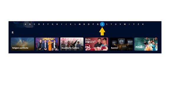 Auf dem Bild ist der gleiche Screenshot zu sehen. "R" ist ausgewählt. Darunter in der Zeile werden Vorschaubilder von Sendungen angezeigt, die mit "R" beginnen.