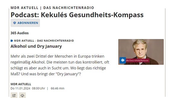 Zu sehen ist eine Screenshot einer Seite von MDR.de. Daruf ist das Vorschaubild für "Kekulés Gesundheits-Kompass". Oben eine Überschrift "MDR AKTUELL DAS NACHRICHTENRADIO". Darunter: "Podcasts: Kekulés Gesundheits-Kompass". Darunter eine Beschreibung des Podcasts und reichts davon dasselbe Vorschaubild wie oben. An dessem unteren Bildschirmrand die "Play/Pause"-Schaltfläche.