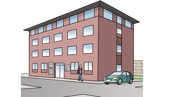 Zeichnung: ein Büro-Gebäude.