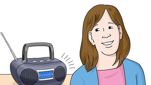 Eine Zeichnung: Eine Frau steht neben einem Radio.