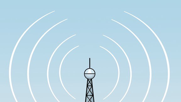 Eine Zeichnung: ein Sendemast mit Funkwellen.