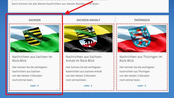 Die Rück-Blicks-Seite von den "Nachrichten in Leichter Sprache" ist zu sehen.  Ein Pfeil deutet auf die Auswahlfelder für die einzelnen Bundes-Länder Sachsen, Sachsen-Anhalt und Thüringen.