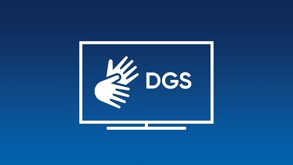 weiße Hände auf blauem Grund mit den Buchstaben DGS in einem Fernsehbildschirm
