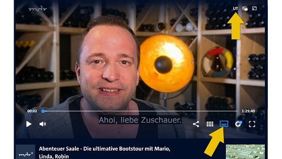 Ein Screenshot der Sendung "Abenteuer Saale". Untertitel sind eingeblendet. Das Symbol Sprache und Barrierefreiheit ist hervorgehoben.