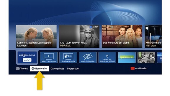 Die Startleiste des HbbTV wird angezeigt. Das Auswahlmenü Barrierefrei ist hervorgehoben.