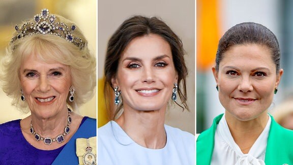 Fotocollage: Camilla, Königingemahlin, Kronprinzessin Victoria von Schweden und Königin Letizia von Spanien