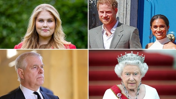 Fotocollage: Prinzessin Amalia der Niederlande, Prinz Andrew, Königin Elizabeth II., Prinz Harry und Herzogin Meghan