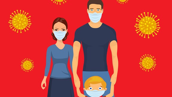 ein animiertes Bild einer Familie mit Schutzmaske