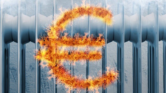 Illustration - Eurozeichen aus Flammen vor einer Heizung